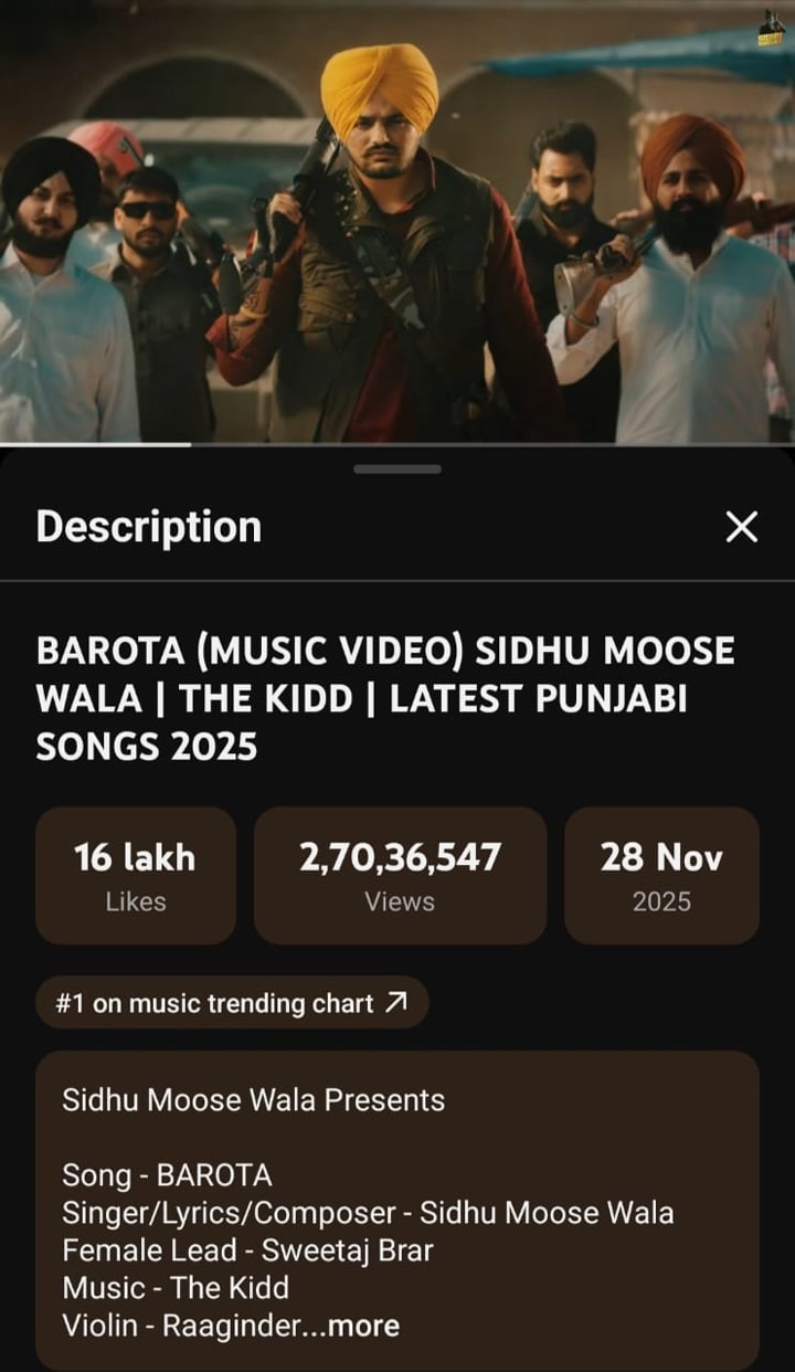 Sidhu Moose wala ਦੇ ਗੀਤ BAROTA ਨੇ ਤੋੜਿਆ ਰਿਕਾਰਡ