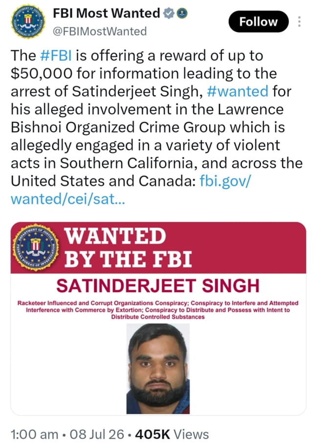 ਅਮਰੀਕਾ ‘ਚ Police ਦੀ ਵੱਡੀ ਕਾਰਵਾਈ; ਗੈਂ*ਗਸ*ਟਰ ਗੋਲਡੀ ਬਰਾੜ ‘ਤੇ 50 ਲੱਖ ਦਾ ਇਨਾਮ, 24 ਜਣੇ ਗ੍ਰਿਫਤਾਰ